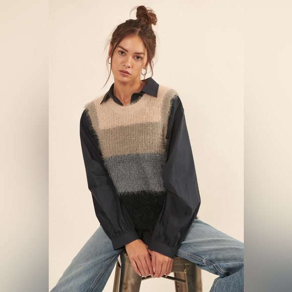 Promesa Sweaters - Furry Knit Colorblock Sweater Vest in Blue-Navy Size Large